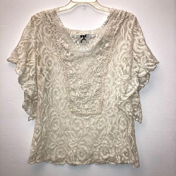 WILLI SMITH sz M Neutral Beige Lace Crochet Angel Flowy Sleeve Top Breathable - Picture 4 of 6